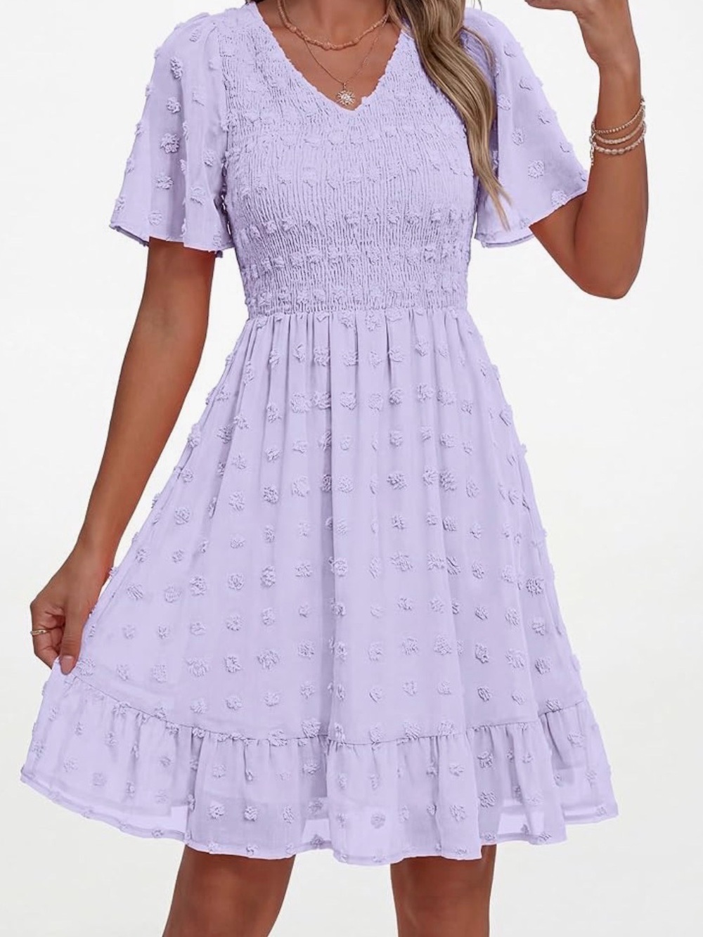 Lilac Swiss Dot Smocked V‑Neck Dress fully lined. EUC size large